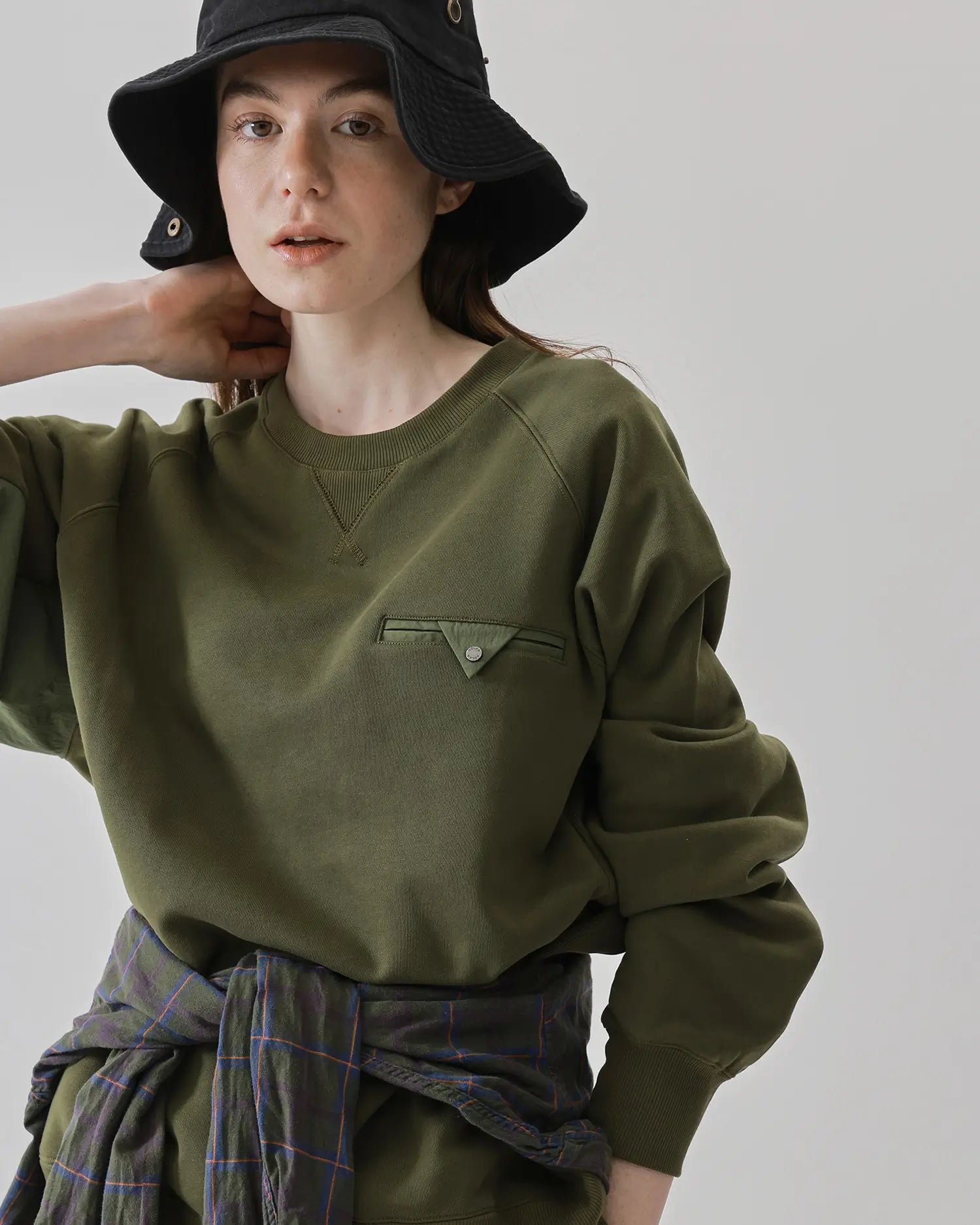 Women's Mixed Fabric Crew Sweatshirt in Military Green 07 #military-green