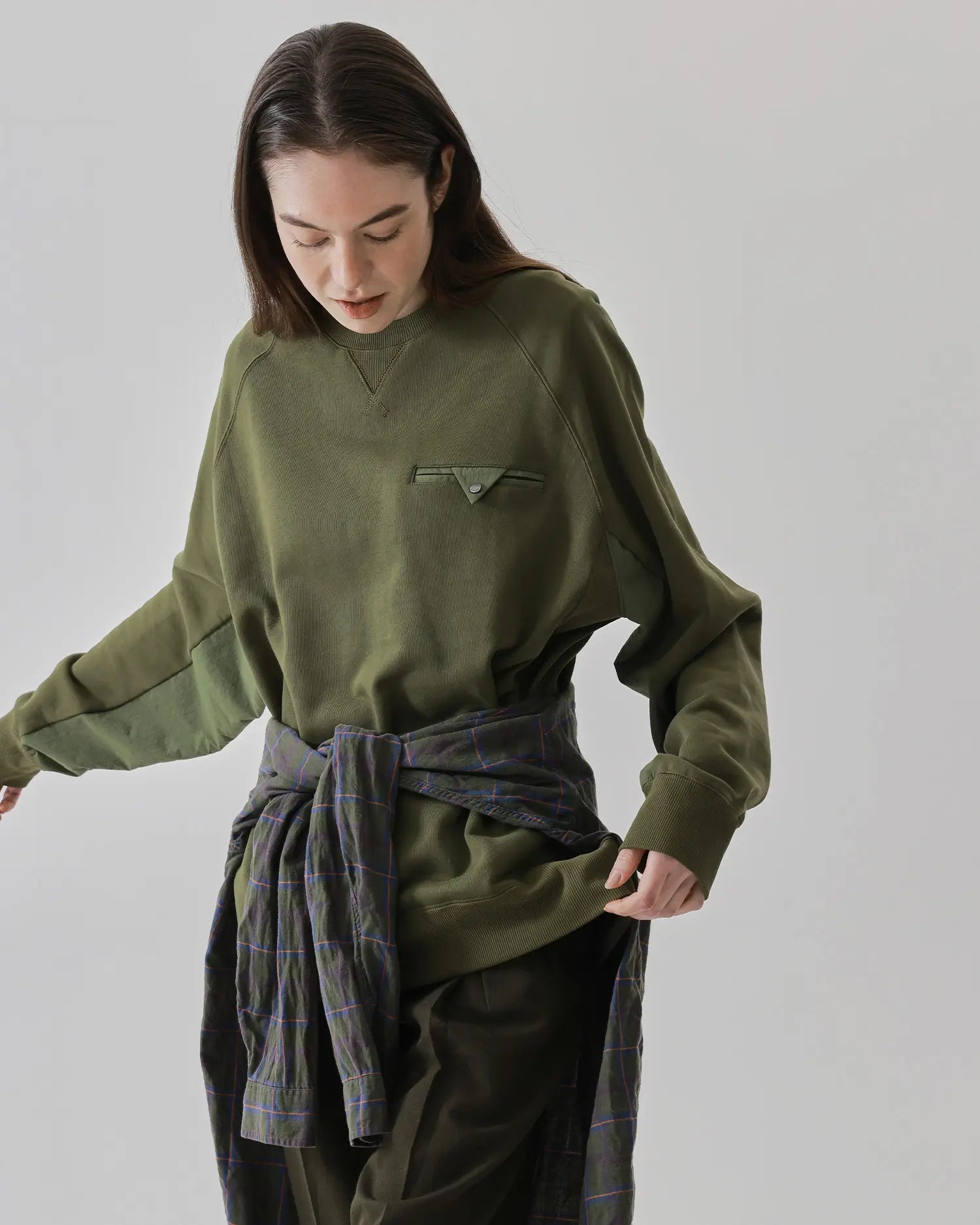 Women's Mixed Fabric Crew Sweatshirt in Military Green 05 #military-green