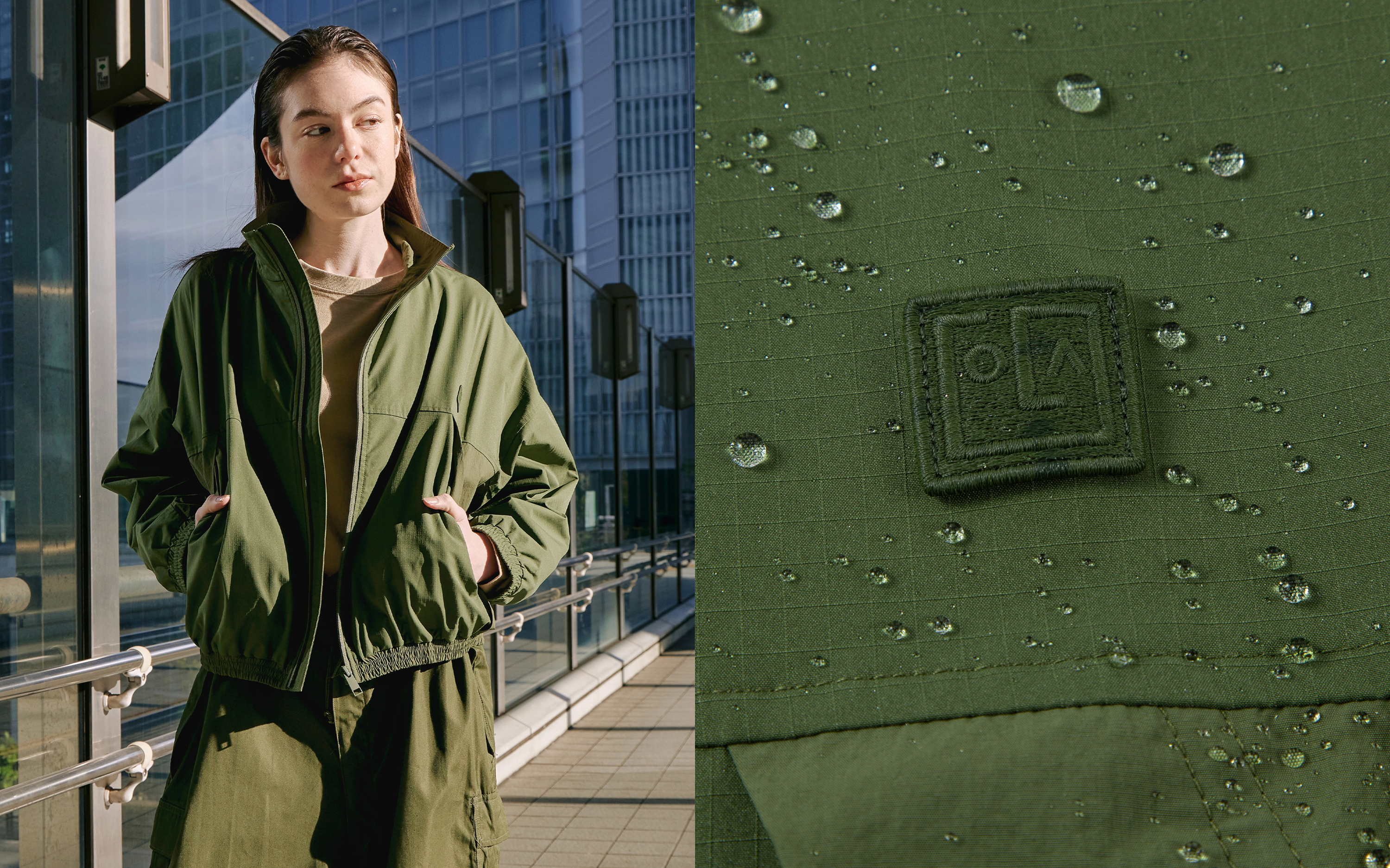 Shop Women's Cropped Track Jacket in Military Green | KOLAB Shop Women's Cropped Track Jacket in Military Green | KOLAB